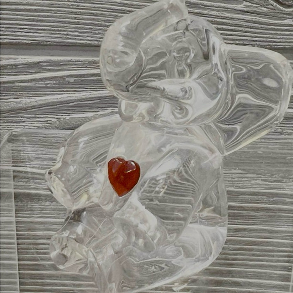 Elephant Figurine Clear with Red Heart Trunk Up Acrylic Plastic 2.25”